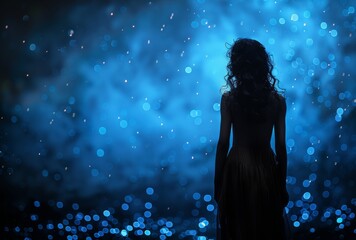A depressed dishevelled little girl in the rain on a blue bokeh glittery background, back view.