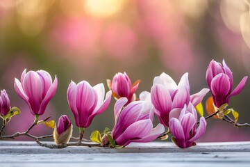Delicate magnolia flowers bask in the gentle glow of a sunrise, exuding peace and springtime beauty