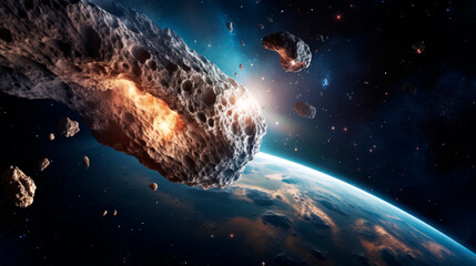 A giant asteroid moving on a collision course with the Earth against the backdrop of an endless starry night sky. - obrazy, fototapety, plakaty