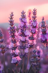 A vibrant field of lavender flowers sways gently in the evening breeze as the sun sets in the...