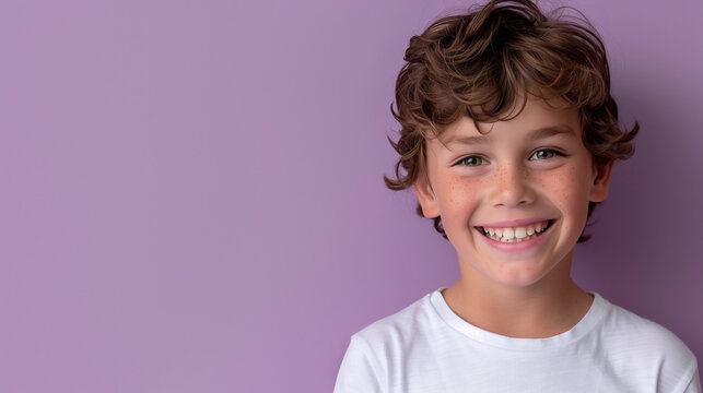 One smiling teeth 8 yr old country boy Australian kid wavy brunette brown hair caucasian skin confident schoolboy kid isolated pediatric dentistry healthcare child purple background copy space