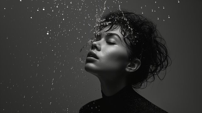 A captivating image of a girl model in monochrome fashion, surrounded by suspended droplets of water against a dark gray background.