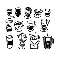 Coffee object set. Doodle style elements. Cafe decor sign icons.
