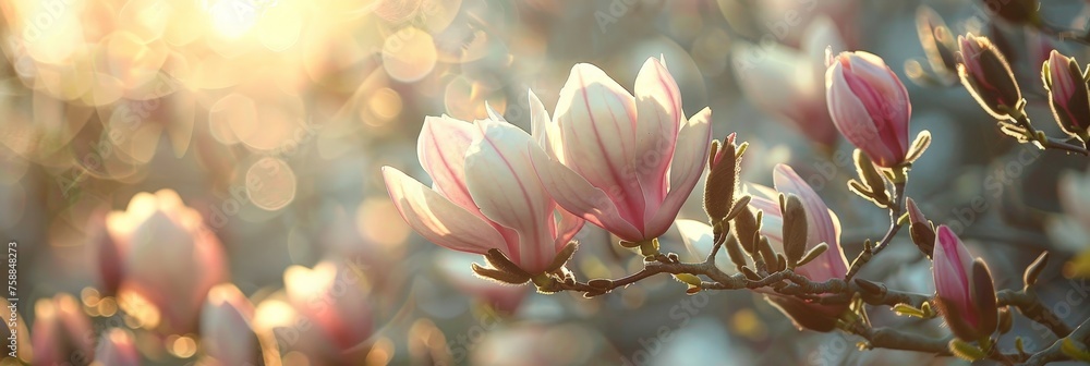 Poster magnolia blossoms bask in the warm glow of a setting sun, signaling the arrival of spring