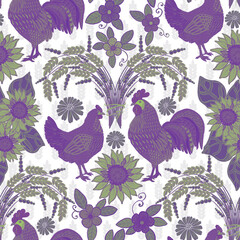 Hand drawn chicken and rooster. Rural background. Organic poultry farm. Cartoon birds, wheat, sunflower. Seamless pattern with domestic birds or farm poultry.