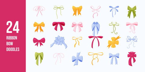 Set of hand drawn ribbon bow knots. Decoration elements. Various doodle bows for presents, gift boxes, traditional holidays. Flat cartoon vector illustration.	