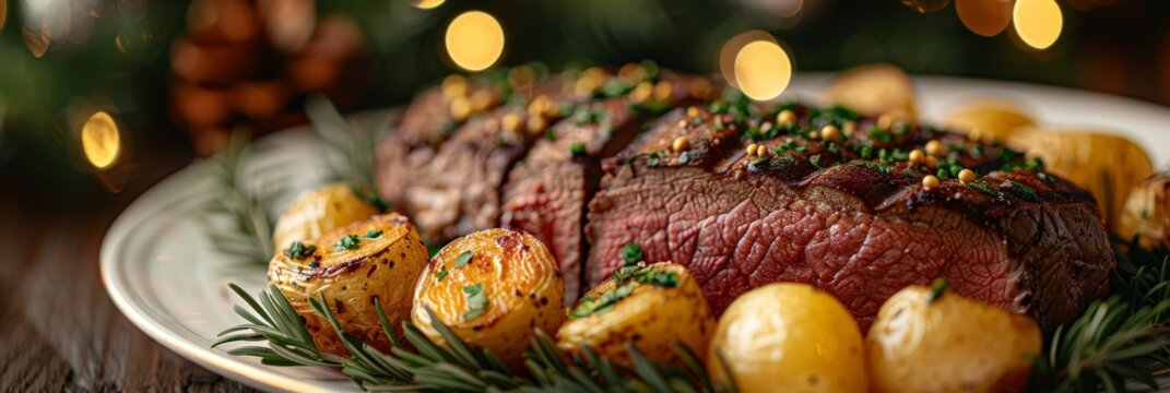 A plate with juicy steak, crispy potatoes, and flavorful seasoning, placed near a beautifully decorated Christmas tree