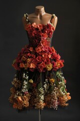 A mannequin is adorned in a stunning dress created entirely from a variety of colorful flowers, showcasing a unique and imaginative design