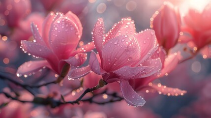Dew-kissed magnolia petals shine under a soft morning glow, signaling the arrival of spring