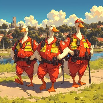 Trio of Ducks in Coordinated Security Attire: A Fun and Professional Stock Image for Marketing Campaigns