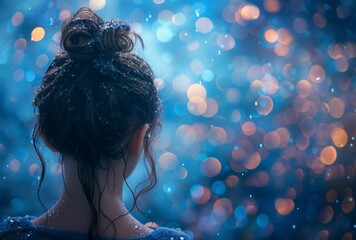 A depressed dishevelled little girl in the rain on a blue bokeh glittery background, back view.