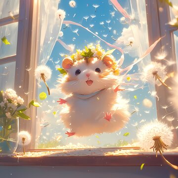 Enchanting Photo: Cute Hamster Wearing a Flower Crown, Surrounded by Ribbons, Perfect for Nature & Pet Lovers