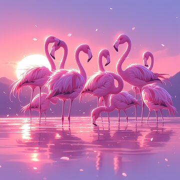 Pink Elegance: A Gathering of Flamingos near the Shallow Waters