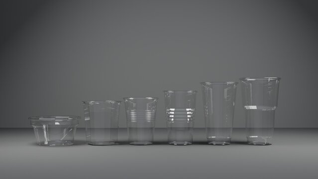 3d render of a set of plastic dispoable glass on a gray background