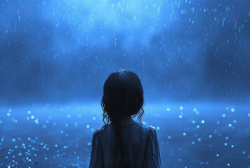 Fototapeta premium A depressed dishevelled little girl in the rain on a blue bokeh glittery background, back view.