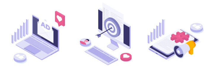 Cross-posting social, Social network, media promotion, push advertising concept. Isometric Vector illustrations set for banner, website, landing page, flyer.