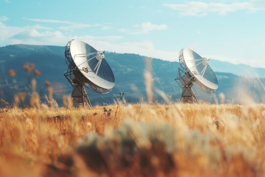 Two large satellite dishes on a field