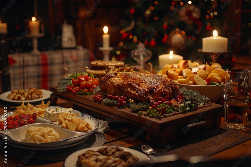 Poster a table adorned with an assortment of delicious food and flickering candles, creating a warm and inv