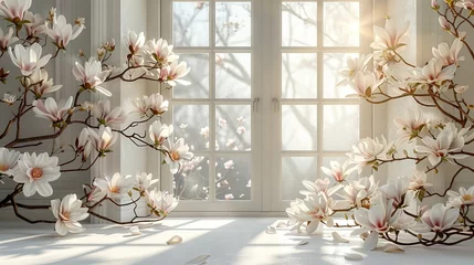 Gardinen illuminating magnolia flowers in a serene indoor setting © nnattalli