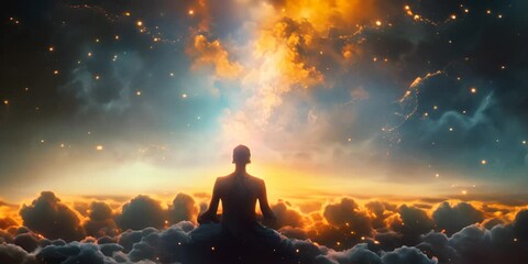Meditation silhouette against cosmic backdrop