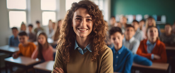 Portrait of a young woman teacher school class children on a panoramic background. - Powered by Adobe