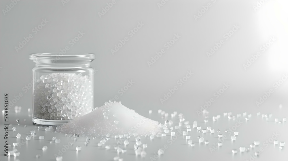 Poster Minimalistic image of a jar spilling white granules on a surface. simple elegance captured in monochrome. ideal for background use. AI
