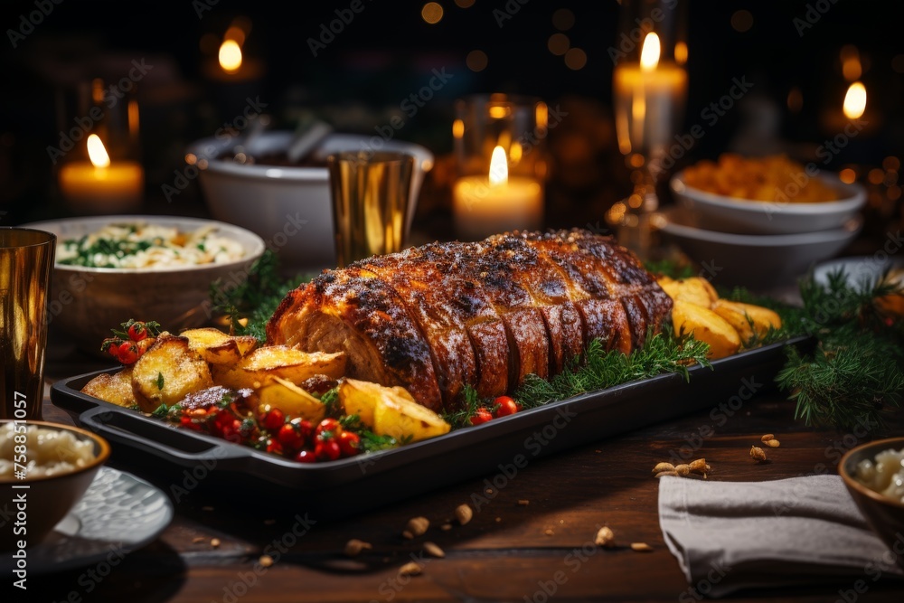 Poster a lavish platter adorned with a delectable array of meats, potatoes, and assorted foods, elegantly d