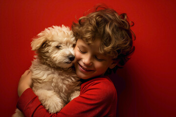A loving kid model sharing a tender moment, against a solid wall of red background, embracing a cherished pet with warmth and affection.