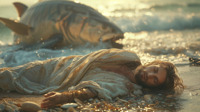A poignant visual of Jonah exhausted on the beach with the great fish in the background, depicting his deliverance from the depths.