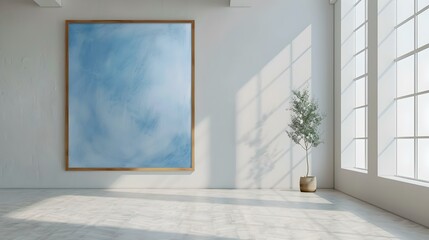 Bright art gallery interior with large abstract painting and natural light. minimalist design for modern space. perfect for presentations and exhibitions. AI