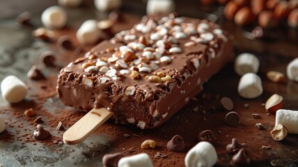 a chocolate ice cream adorned with marshmallows and hazelnut pieces, set atop a popsicle stick...