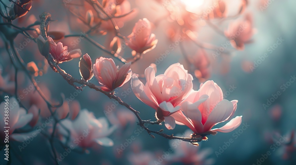 Poster delicate pink flowers are blooming on a tree branch, creating a beautiful display of natures springt
