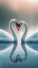 two swans formed a heart with their necks, a couple of birds in love are swimming, there is a mirror reflection on the water