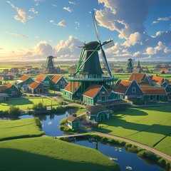 A serene village scene with historic windmills at the Zaanse Schans in the Netherlands. A picturesque setting for travel and cultural exploration. - obrazy, fototapety, plakaty