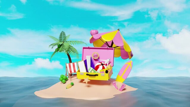 3d animation, summer travel with yellow suitcase, beach chair, island, camera, umbrella, coast, coconut tree, sandals, hot air balloon, cloud isolated on blue sky background.