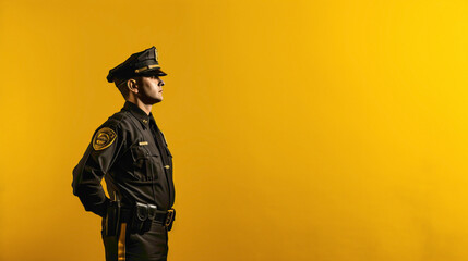 The Most Beautiful Police Officer Standing Tall, Gazing Proudly Against the Solid Yellow Wall...