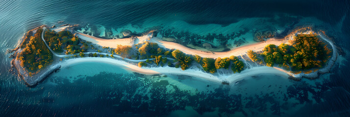 Fototapeta na wymiar Aerial view of an island connected by a road, Aerial view of small exotic atoll islands in the open ocean sea beautiful nature 3d illustration 