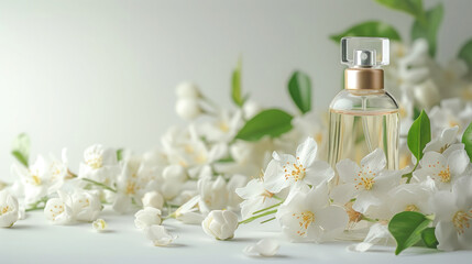 women's glass perfume bottle stands with bokeh near jasmine branches, white flower with petals,...