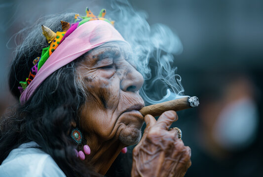 A woman smokes a cigar while wearing a pink headband. Concept of relaxation and leisure, as the woman takes a break from her daily routine to enjoy a cigarette