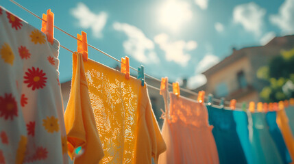 colorful clothes Dry on the clothesline A bright blue sky day