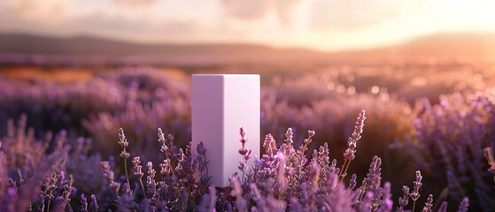 A white box is placed in a field of purple flowers. The scene is serene and peaceful - obrazy, fototapety, plakaty