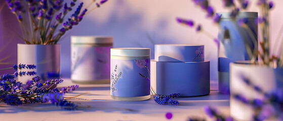 A display of lavender scented products, including candles and lotions