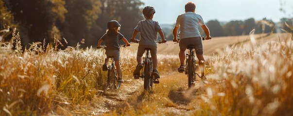 A family of three people riding bikes in a forest