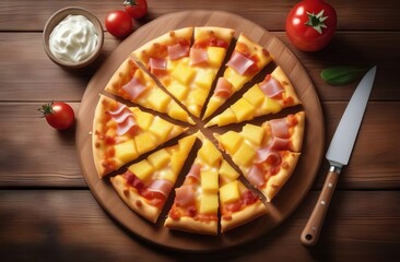 Pizza with pineapples, ham and cheese on wooden background, top view - 758853433