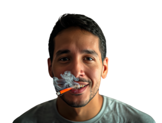 A young Latin American smoker man with bad teeth smokes an orange cigarette or joint. Smoking man on a transparent background.