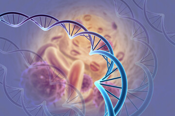 DNA cell on scientific background. 3d illustration - obrazy, fototapety, plakaty