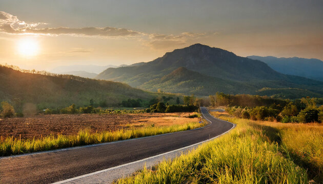 Tranquil Trails: A Sunset Journey Through Mountainous Meadows. Landscape