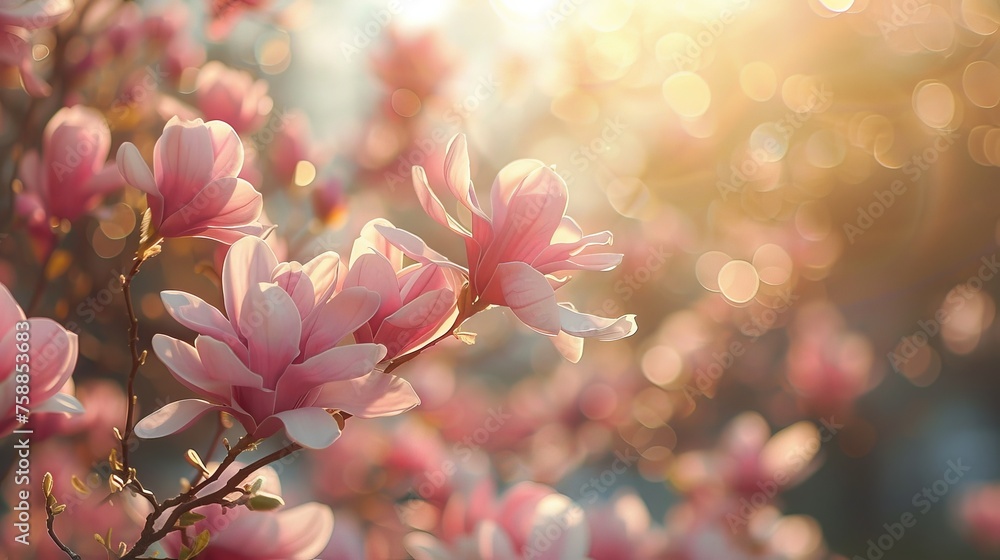 Poster magnolia flowers bask in the warm glow of a setting sun, heralding the arrival of spring