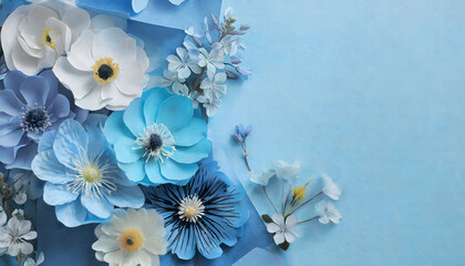 Spring flowers background, empty space for text, blue image; beautiful botanical wallpaper