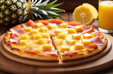 Pizza with pineapples, ham and cheese on wooden board - 758853618